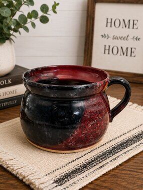 Callicutt Pottery Signed Artisan Soup Mug Bowl Red Black Studio Pottery 16 oz